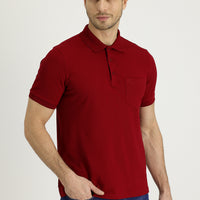 Dark Red Polo Collar Regular Fit Embroidered Cotton T-Shirt