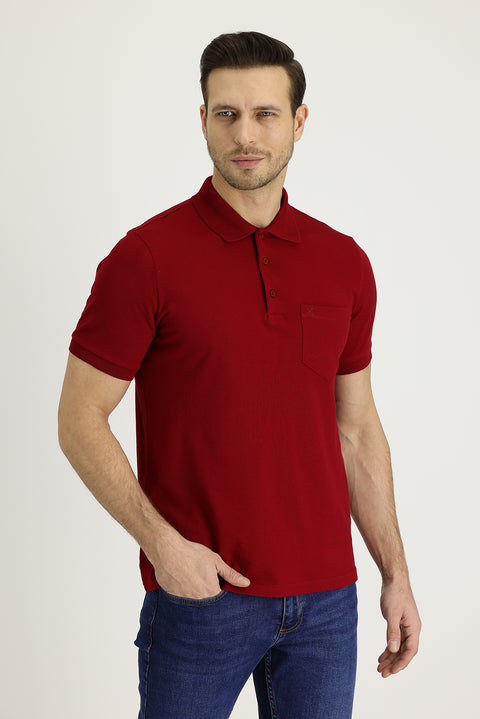 Dark Red Polo Collar Regular Fit Embroidered Cotton T-Shirt