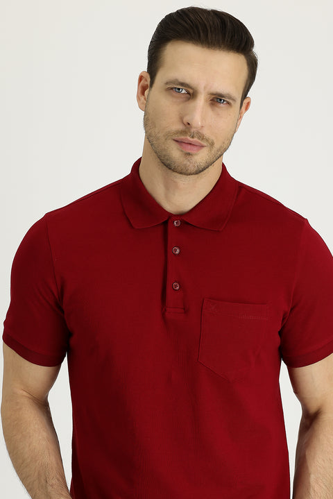 Dark Red Polo Collar Regular Fit Embroidered Cotton T-Shirt