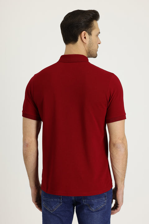 Dark Red Polo Collar Regular Fit Embroidered Cotton T-Shirt