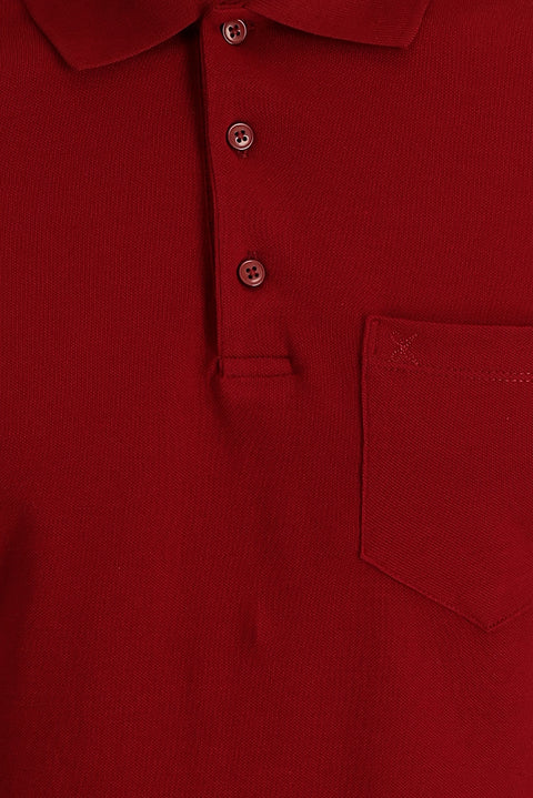 Dark Red Polo Collar Regular Fit Embroidered Cotton T-Shirt