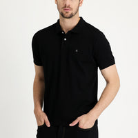 Black Polo Collar Regular Fit Embroidered Cotton T-shirt