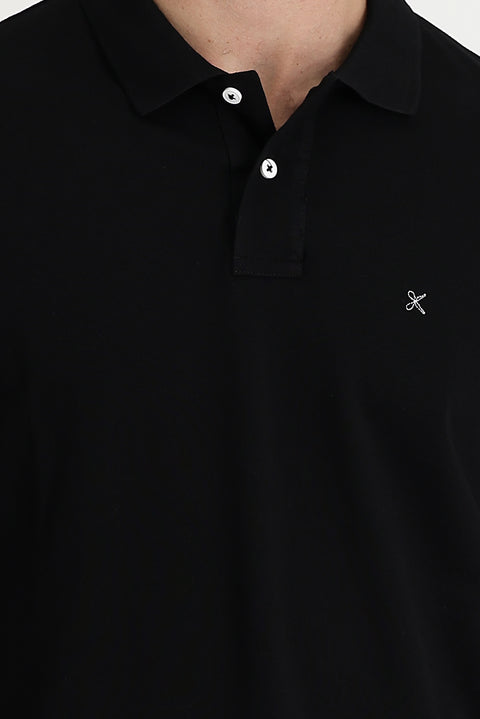 Black Polo Collar Regular Fit Embroidered Cotton T-shirt