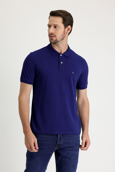 Medium Navy Polo Collar Regular Fit Embroidered Cotton T-Shirt
