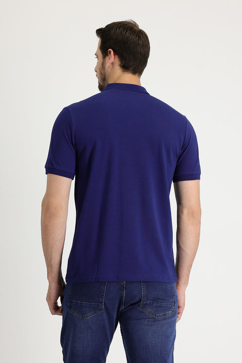 Medium Navy Polo Collar Regular Fit Embroidered Cotton T-Shirt