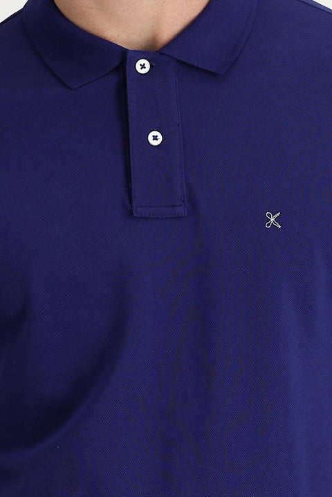 Medium Navy Polo Collar Regular Fit Embroidered Cotton T-Shirt
