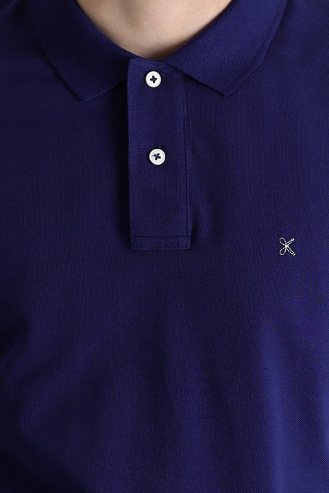 Medium Navy Polo Collar Regular Fit Embroidered Cotton T-Shirt
