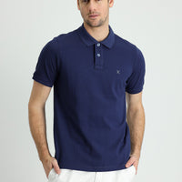 Dark Navy Polo Collar Regular Fit Embroidered Cotton T-Shirt