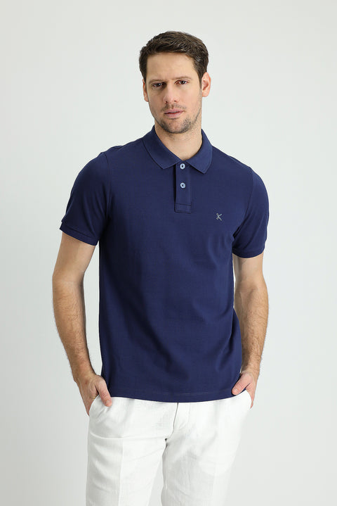 Dark Navy Polo Collar Regular Fit Embroidered Cotton T-Shirt