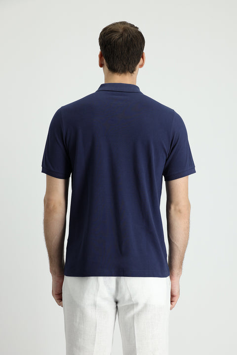 Dark Navy Polo Collar Regular Fit Embroidered Cotton T-Shirt