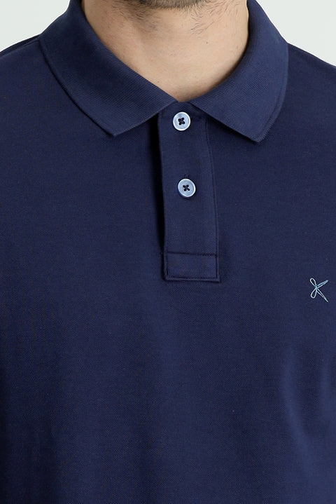 Dark Navy Polo Collar Regular Fit Embroidered Cotton T-Shirt