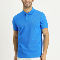 Aqua Blue Polo Collar Regular Fit Embroidered Cotton T-Shirt
