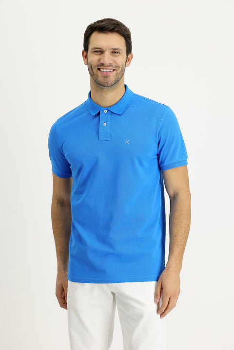 Aqua Blue Polo Collar Regular Fit Embroidered Cotton T-Shirt