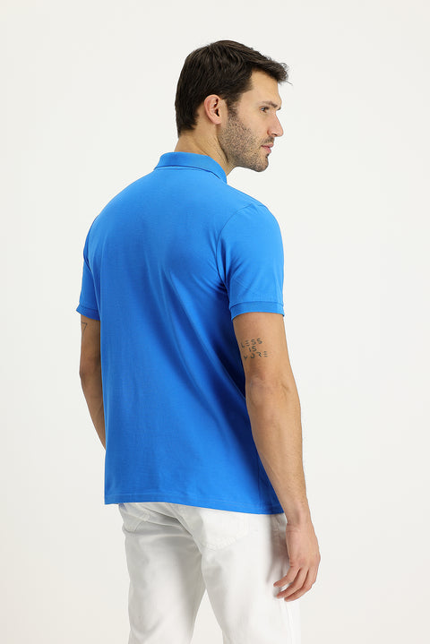 Aqua Blue Polo Collar Regular Fit Embroidered Cotton T-Shirt
