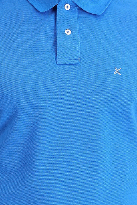 Aqua Blue Polo Collar Regular Fit Embroidered Cotton T-Shirt