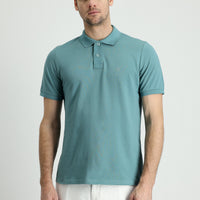 Moss Green Polo Collar Regular Fit Embroidered Cotton T-Shirt
