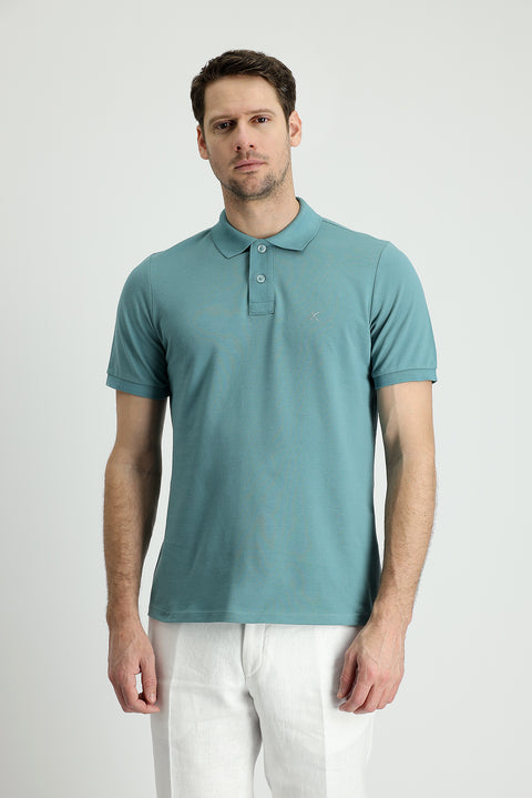 Moss Green Polo Collar Regular Fit Embroidered Cotton T-Shirt
