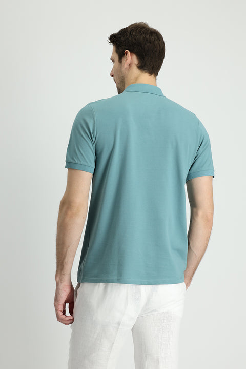 Moss Green Polo Collar Regular Fit Embroidered Cotton T-Shirt