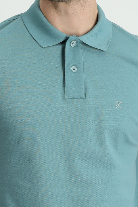 Moss Green Polo Collar Regular Fit Embroidered Cotton T-Shirt