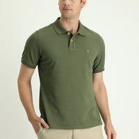 Medium Khaki Polo Collar Regular Fit Embroidered Cotton T-shirt