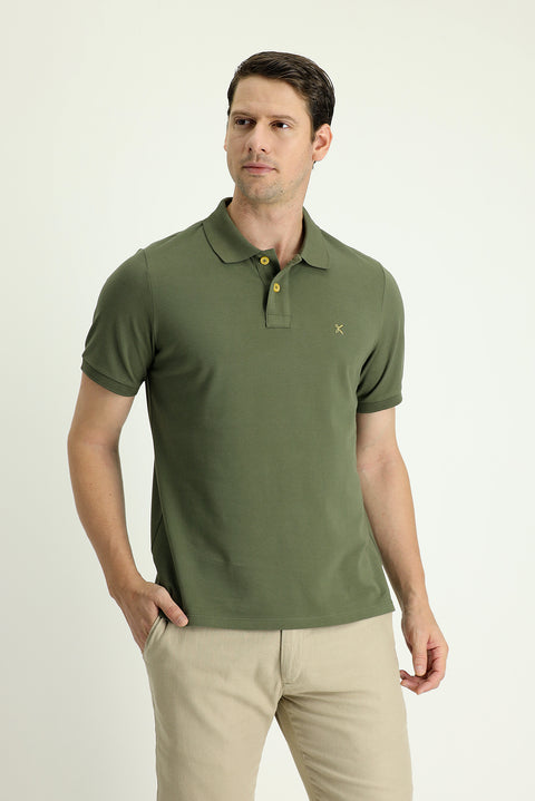 Medium Khaki Polo Collar Regular Fit Embroidered Cotton T-shirt