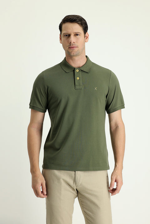 Medium Khaki Polo Collar Regular Fit Embroidered Cotton T-shirt