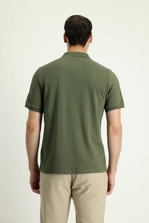 Medium Khaki Polo Collar Regular Fit Embroidered Cotton T-shirt
