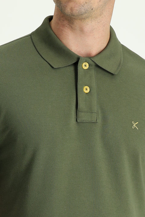 Medium Khaki Polo Collar Regular Fit Embroidered Cotton T-shirt