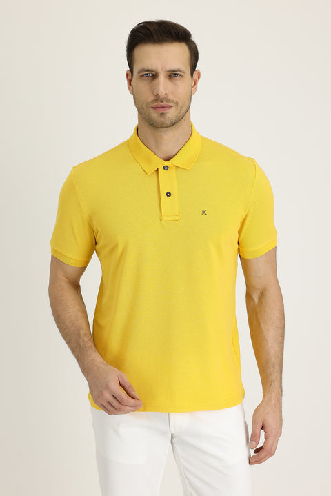 Dark Yellow Polo Collar Regular Fit Embroidered Cotton T-Shirt