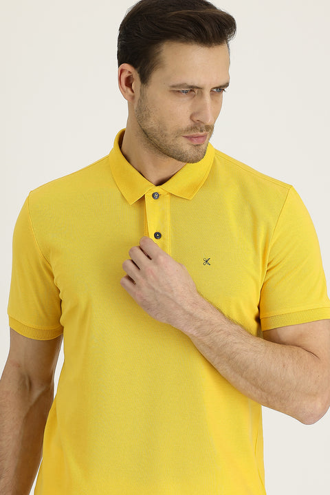Dark Yellow Polo Collar Regular Fit Embroidered Cotton T-Shirt