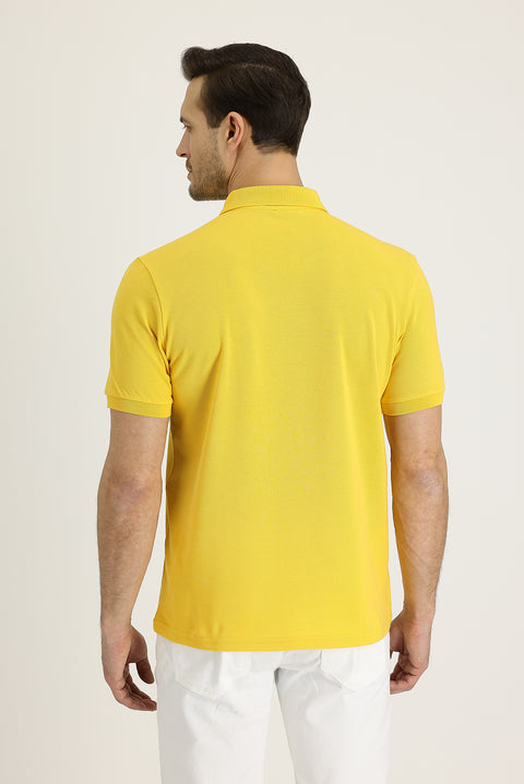 Dark Yellow Polo Collar Regular Fit Embroidered Cotton T-Shirt