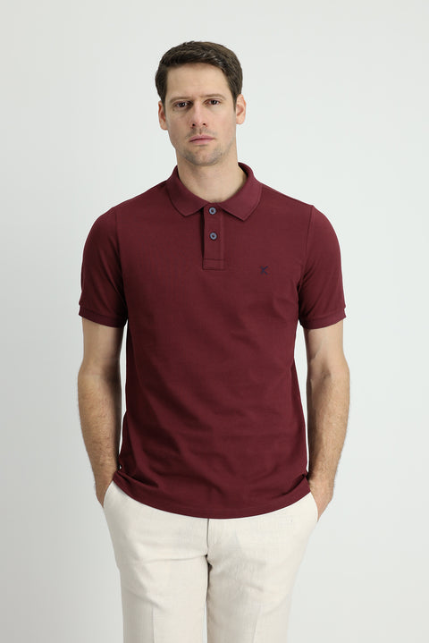 Dark Burgundy Polo Collar Regular Fit Embroidered Cotton T-shirt