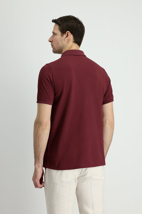 Dark Burgundy Polo Collar Regular Fit Embroidered Cotton T-shirt