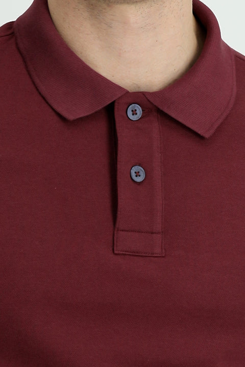 Dark Burgundy Polo Collar Regular Fit Embroidered Cotton T-shirt