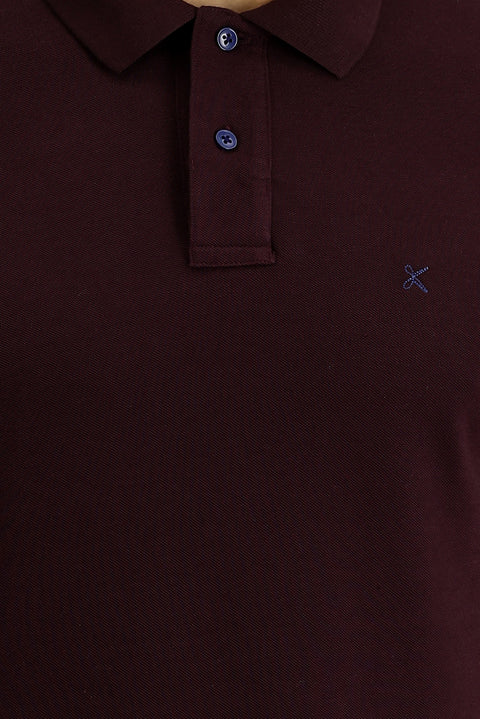 Dark Burgundy Polo Collar Regular Fit Embroidered Cotton T-shirt