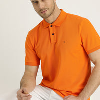 Medium Orange Polo Collar Regular Fit Embroidered Cotton T-Shirt