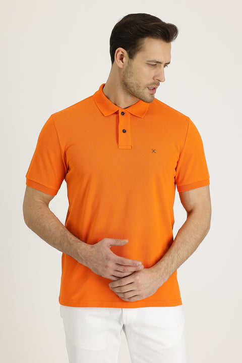 Medium Orange Polo Collar Regular Fit Embroidered Cotton T-Shirt