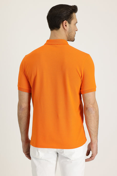 Medium Orange Polo Collar Regular Fit Embroidered Cotton T-Shirt