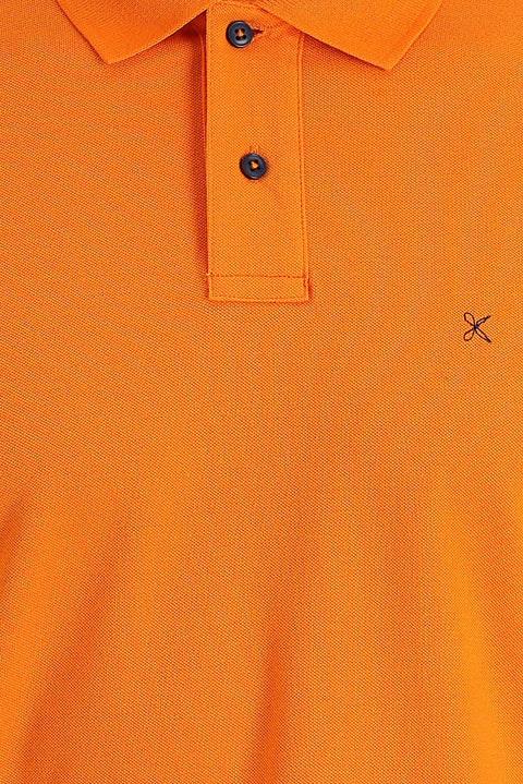 Medium Orange Polo Collar Regular Fit Embroidered Cotton T-Shirt