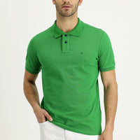 Grass Green Polo Collar Regular Fit Embroidered Cotton T-Shirt