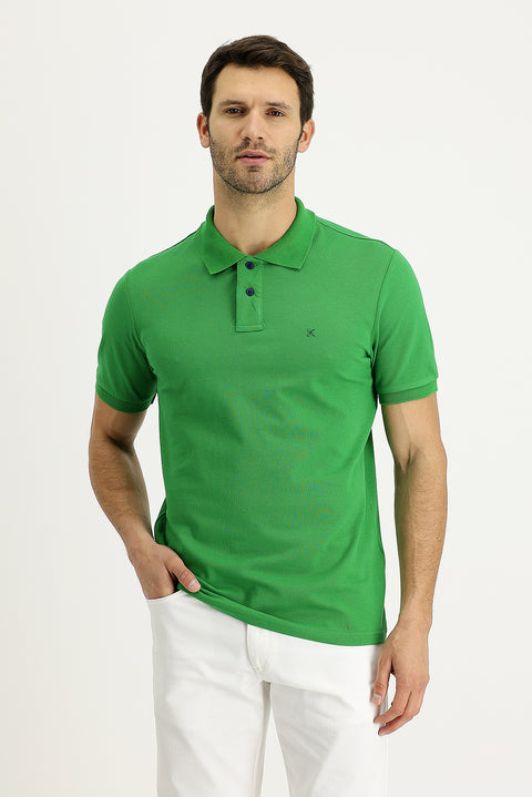 Grass Green Polo Collar Regular Fit Embroidered Cotton T-Shirt