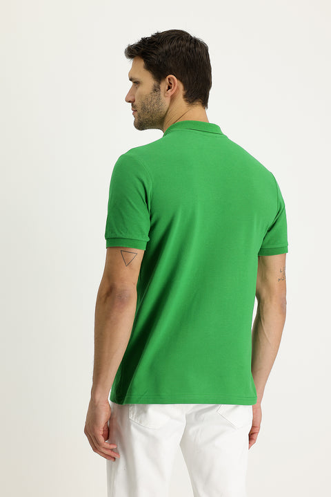 Grass Green Polo Collar Regular Fit Embroidered Cotton T-Shirt