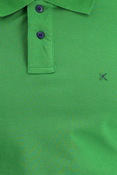 Grass Green Polo Collar Regular Fit Embroidered Cotton T-Shirt