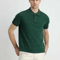 Dark Green Polo Collar Regular Fit Embroidered Cotton T-Shirt
