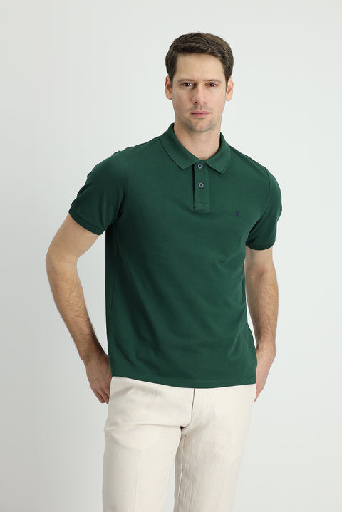 Dark Green Polo Collar Regular Fit Embroidered Cotton T-Shirt