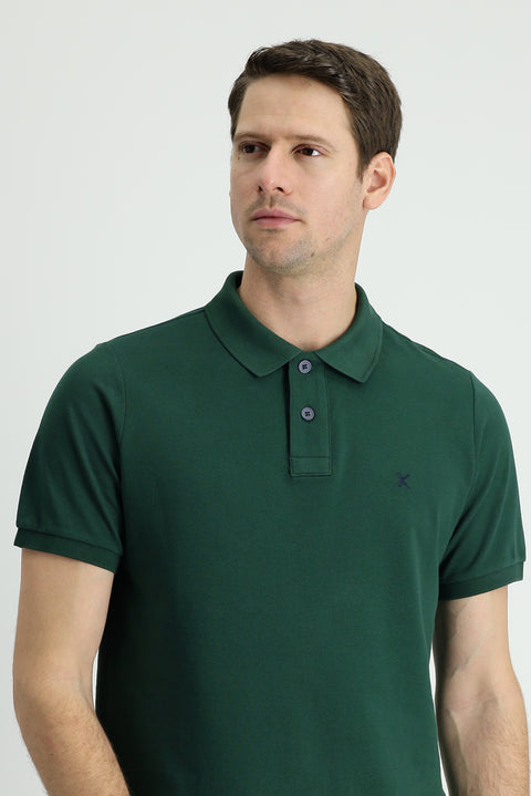 Dark Green Polo Collar Regular Fit Embroidered Cotton T-Shirt