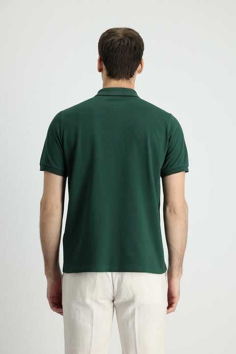 Dark Green Polo Collar Regular Fit Embroidered Cotton T-Shirt