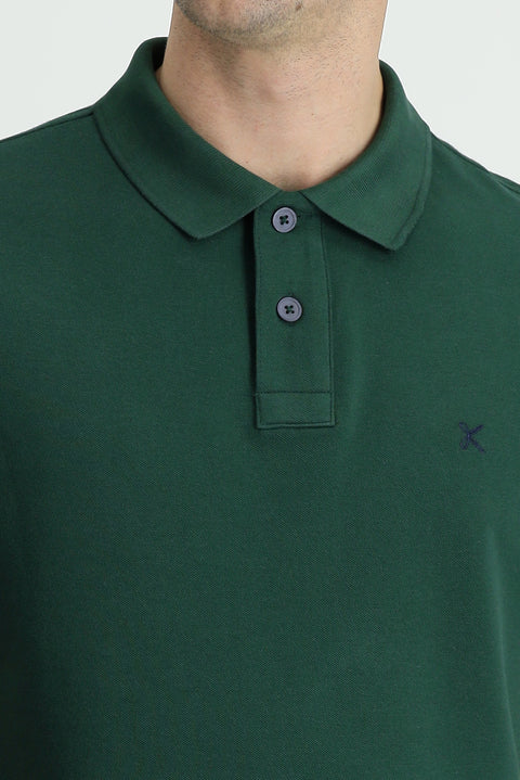 Dark Green Polo Collar Regular Fit Embroidered Cotton T-Shirt