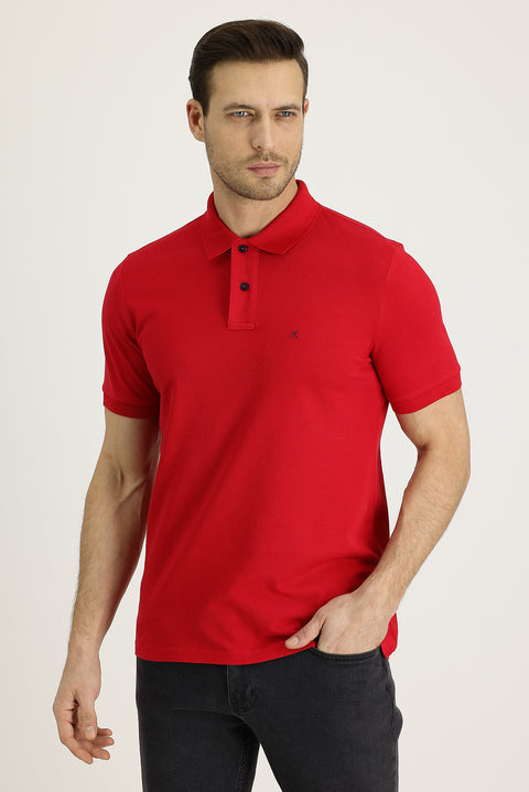 Flag Red Polo Collar Regular Fit Embroidered Cotton T-Shirt