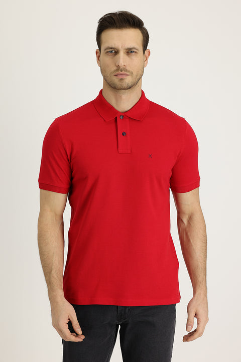 Flag Red Polo Collar Regular Fit Embroidered Cotton T-Shirt